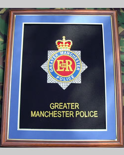 Large Embroidered Badge in a 20 x 16 Mahogany Wood Frame - Greater Manchester Police