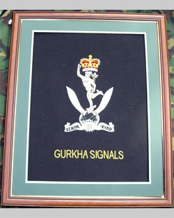 Large Embroidered Badge in a 20 x 16 Mahogany Wood Frame - Gurkha Signals