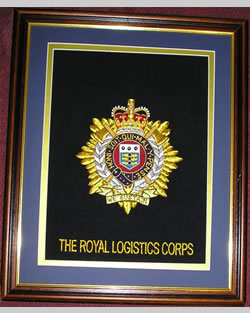 Large Embroidered Badge in a 20 x 16 Mahogany Wood Frame - Royal Logistic Corps
